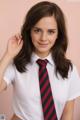 A young woman wearing a white shirt and a red and blue tie.